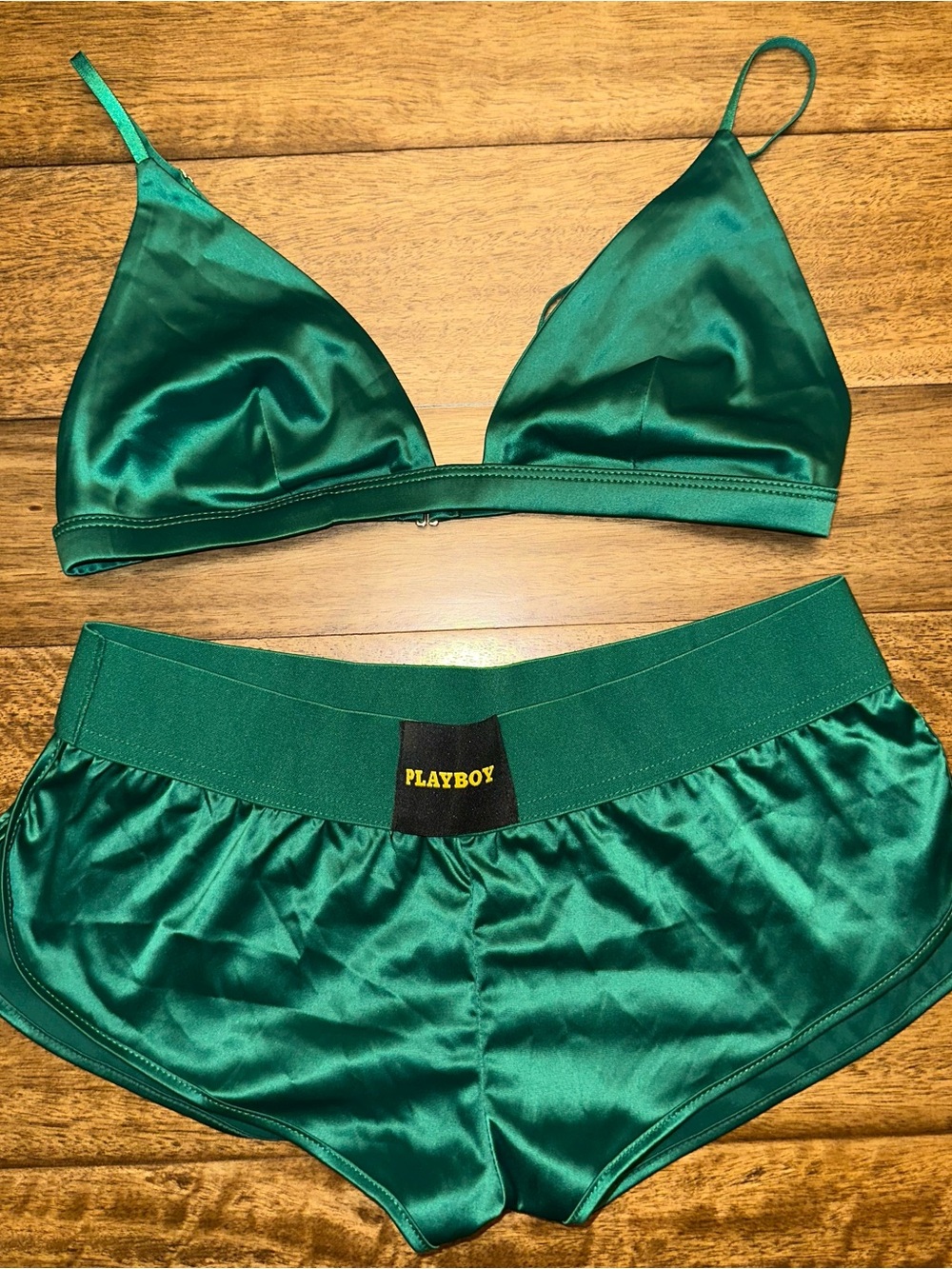 PLAYBOY x Yandy.com Green Satin Bralette & Shorts Lounge Set Y2K triangle bra S